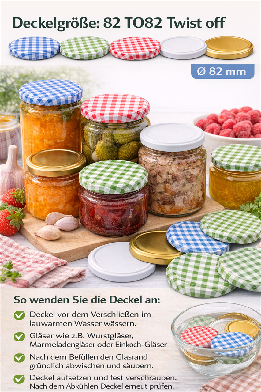 50 Einmachgläser Deckel TO82 rot_weiß kariert für Schraubgläser