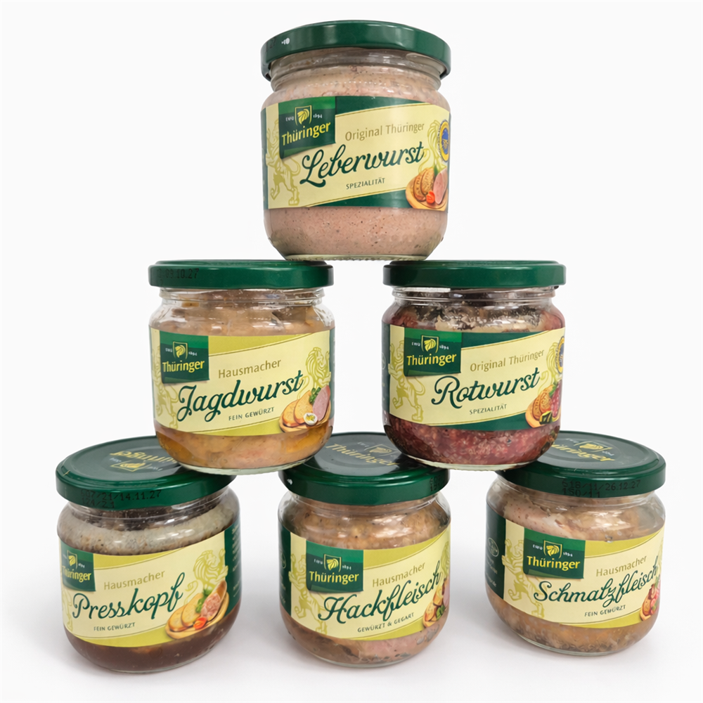 Wurstgläser Set bestehend aus Jagdwurst, Rotwurst,Presskopf,Hackfleisch,Schmalzfleisch und Leberwurst