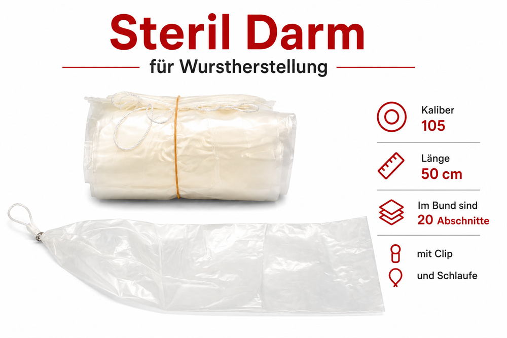 Rifol Sterildarm Kaliber 105 / Länge 50cm / 20 Abschnitte mit Clip + Schlaufe weiß
